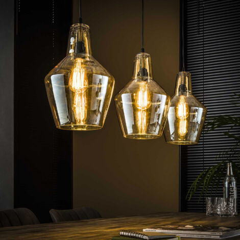 M&S – Suspension 3 lampes en verre ambré et métal argent vieilli – Dimensions 112x25x150 cm – Hauteur réglable jusqu'à 150 cm – Compatible E27