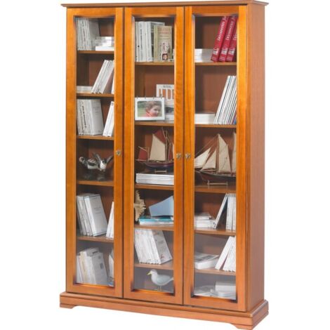 Bibliothèque 3 portes vitrées en finition merisier - FLORIE (1/3)