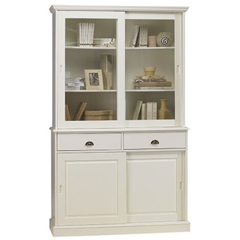 Beaux Meubles Pas Chers – Vaisselier blanc en pin massif – Bibliothèque 4 portes coulissantes – Dimensions H198,3 x L120,8 x P42 cm – Finition vernis nitrocellulosique