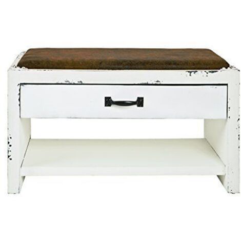 Banc vintage 1 tiroir 72x38x42 cm blanc vieilli motif Love (1/4)