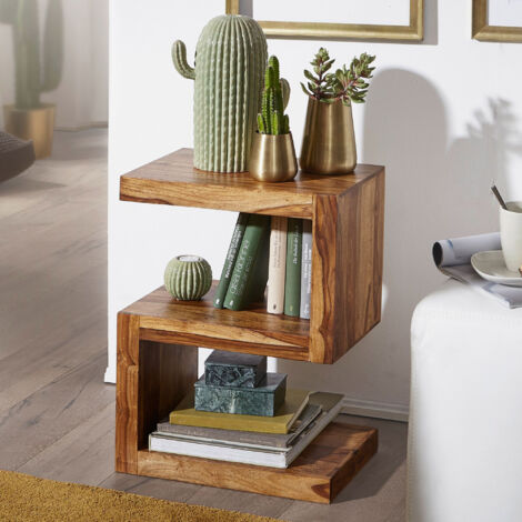 Table d'appoint en forme de S 44x44x60 cm en bois de sheesham massif – Design original avec trois plateaux – Couleur naturelle