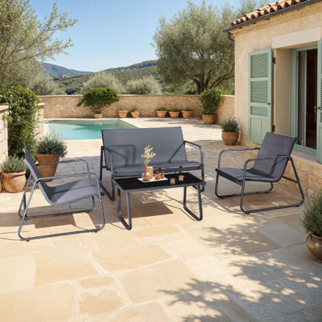 Xbro Ensemble de Salon de Jardin 4 Places, mobilier de Balcon en Tissu Teslin, composé de 3 fauteuils et 1 Table en Verre, Cadre en Acier, idéal pour terrasses, Jardins et espaces