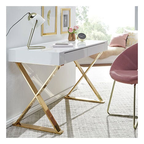 Bureau 2 tiroirs 118x57x76 cm blanc et pieds dorés