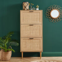 Meuble à chaussures 60x23,5x131 cm naturel – 3 abattants ergonomiques – Cannage en rotin – Pieds en bois d'eucalyptus – Bata