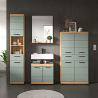 Meuble sous lavabo + 2 meubles + miroir chêne brun et kaki - OLBO