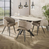Table repas 180 cm effet travertin + 4 chaises en tissu texturé sable