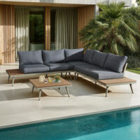 M&S – Salon de jardin en aluminium 5 places – Table basse carrée – Coussins déhoussables et déperlants – Structure robuste et inoxydable