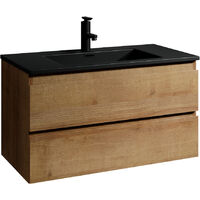 Meuble de salle de bain Angela 90 cm - lavabo noir - Chêne - Meuble bas meuble vasque meuble vasque - Chene