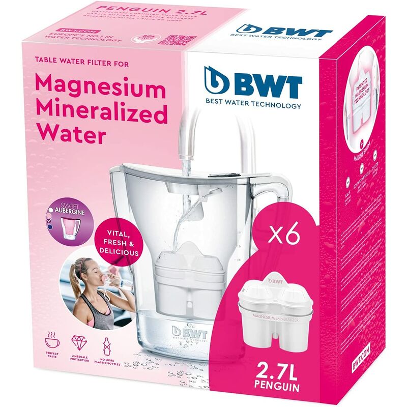 BWT - Jarra Filtradora de Agua Penguin Blanca con marcador electrónico + 1 Filtro con Magnesio para 1 mes duración