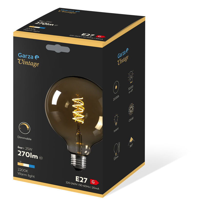 Bombilla Led Filamento espiral gold globo g125 3w 170 lumenes. e27. 360º. luz cálida. garza de vintage equivalente 20w 2200k 125 e27