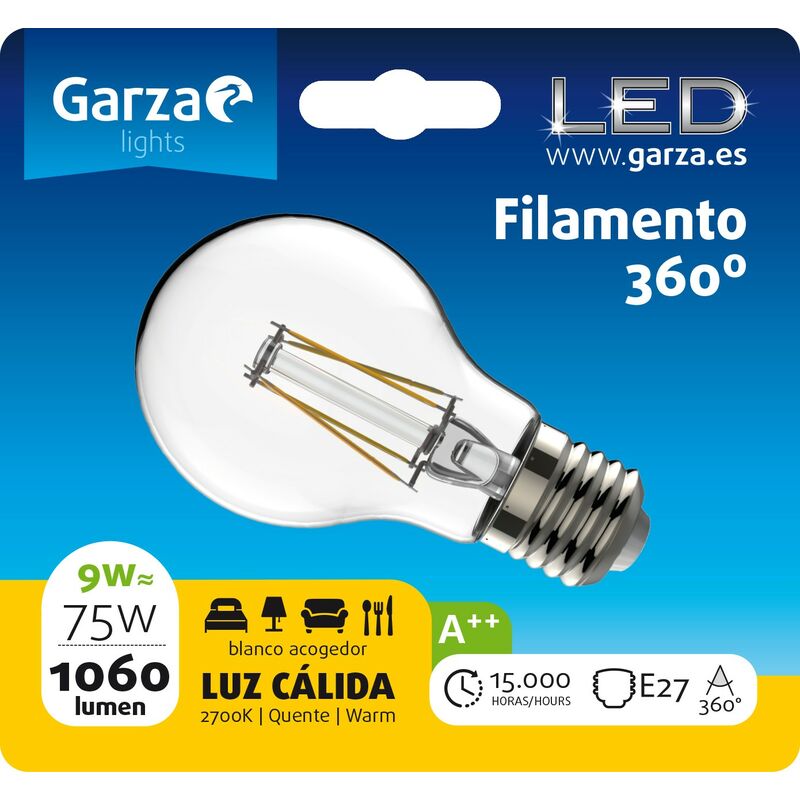 Bombilla LED filamento estándar 9W, E27, 360º, 1060 lumenes, Luz cálida