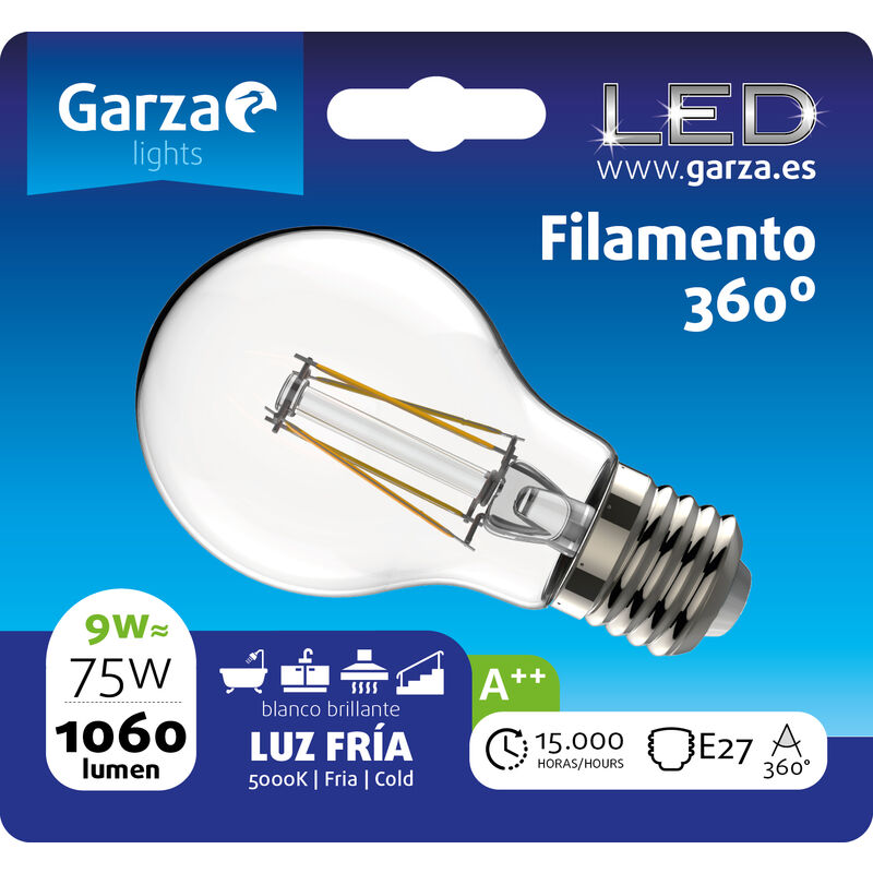 Bombilla LED filamento estándar 9W, E27, 360º, 1060 lumenes, Luz fría