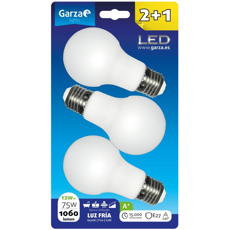 Bombilla LED estándar 12W casquillo E27 240º 1060 lumenes, Luz fría Blister 2+1