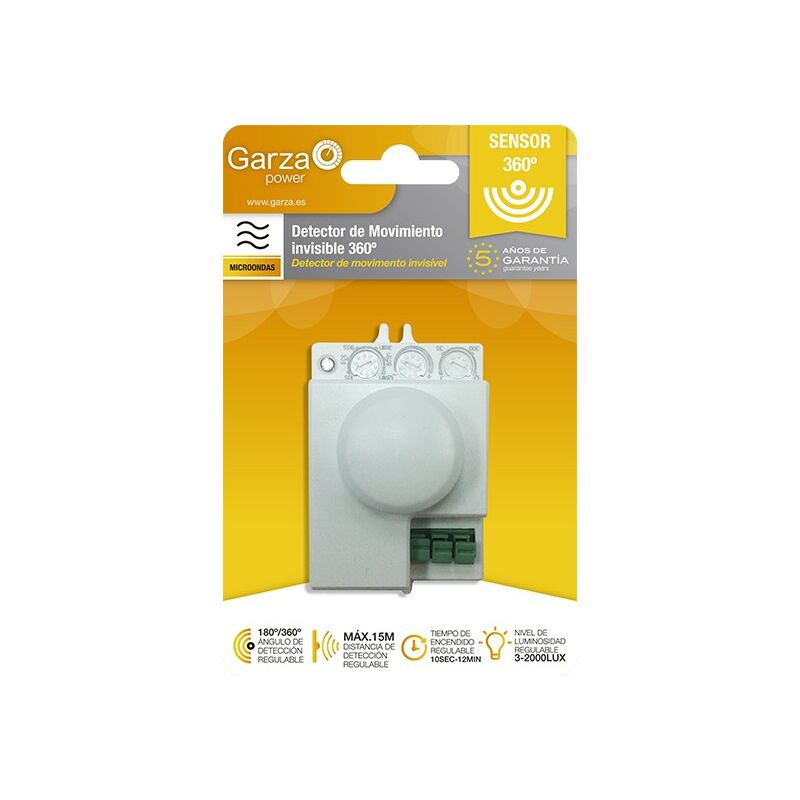 Garza Power - Detector de Movimiento Microondas Invisible, ángulo detección Regulable 180º / 360º, Blanco