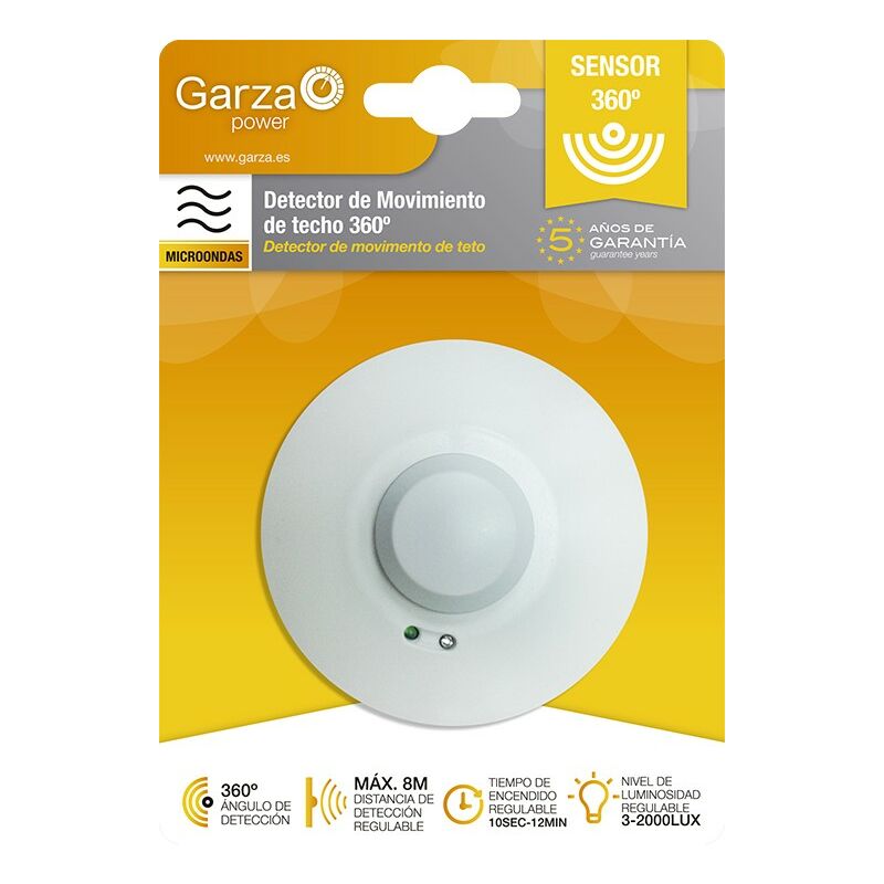 Garza Power - Detector de Movimiento Microondas de Techo, ángulo de Detección 360º, Blanco