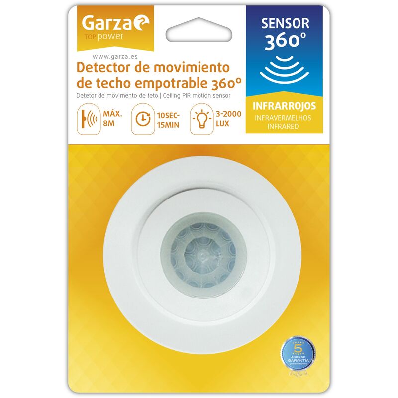 Garza Power - Detector de Movimiento Infrarrojos Empotrable de Techo, Ángulo de Detección 360º, color Blanco