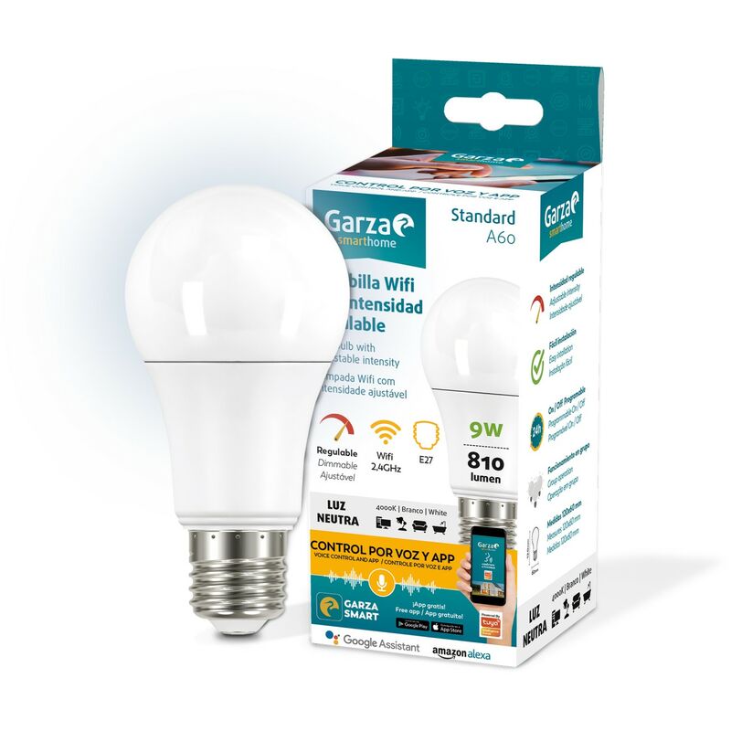 Garza ® Smarthome - Bombilla LED Estandar Inteligente Wifi E27, luz blanca neutra regulable con cambio de intensidad. Programable, Compatible con Amazon Alexa y Google Home.