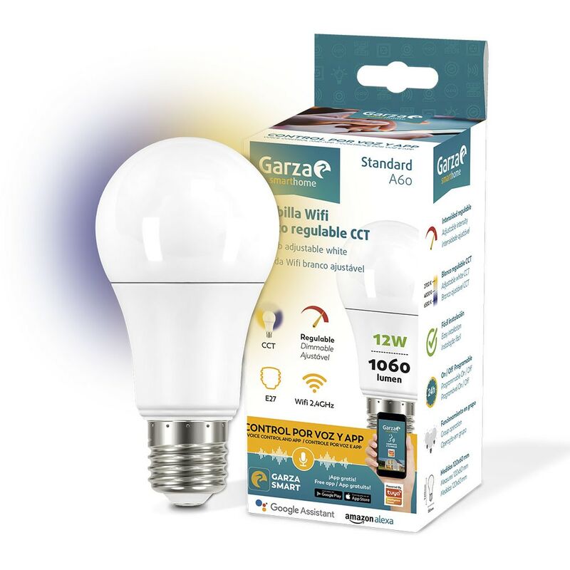 Garza ® Smarthome - Bombilla LED Estandar Intelegente Wifi E27, luz blanca neutra regulable con cambio de intensidad y temperatura. Programable, compatible con Amazon Alexa y Google Home.