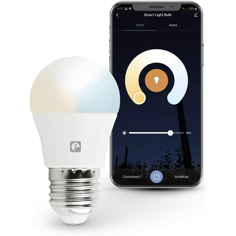 Garza ® Smarthome - Bombilla LED Esférica Intelegente Wifi E27, luz blanca neutra regulable con cambio de intensidad y temperatura. Programable, compatible con Amazon Alexa y Google Home.