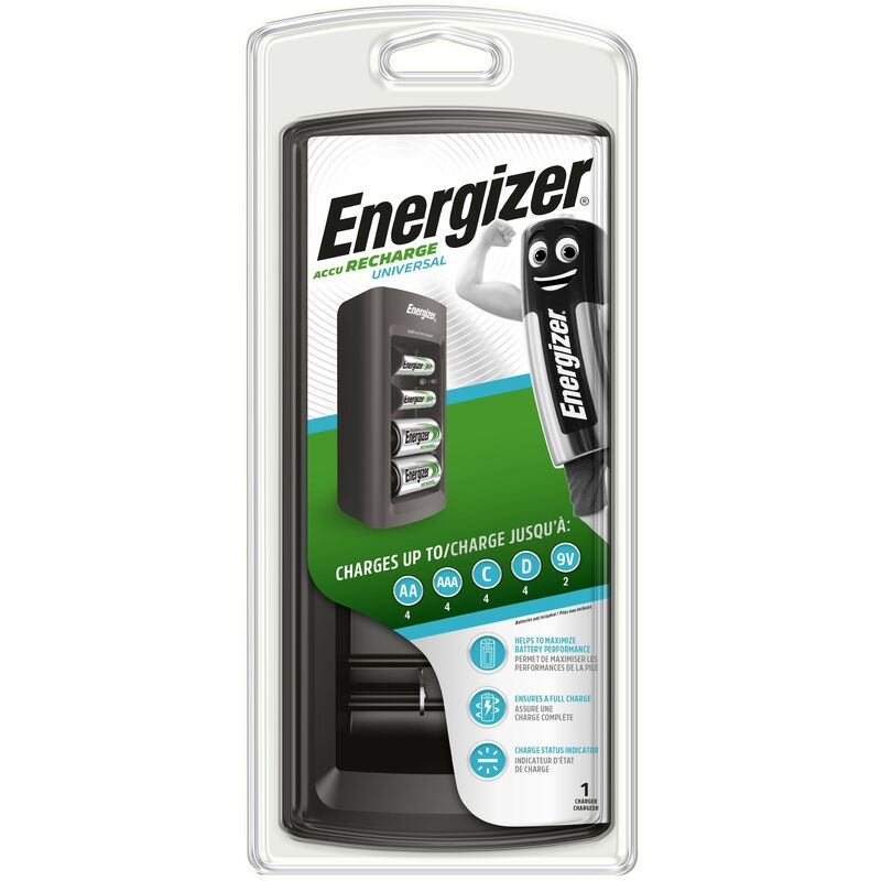 Energizer - Cargador de Pilas Universal compatible AA / AAA / C / D / 9V, Indicador de Carga