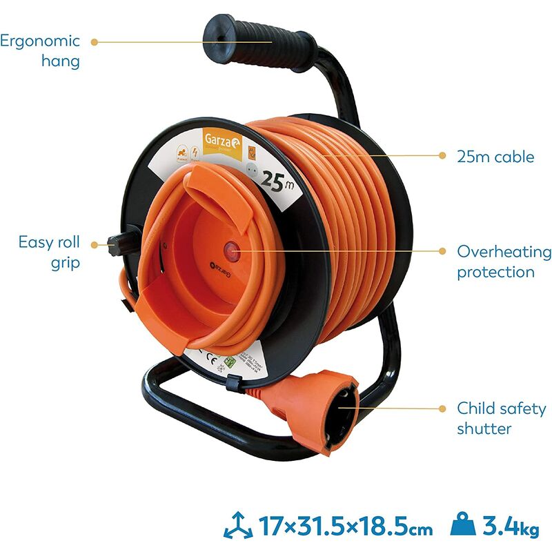 Alargador Enrolla cables 4 enchufes 15m 3200w con termostato seguridad, Tayg