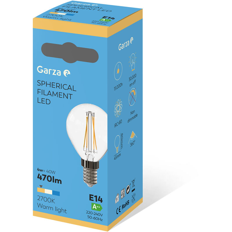 Garza ® - Bombillas Led de Filamento Decorativa Esférica, Luz cálida 2700K, Casquillo E14, 4W 470 lúmenes