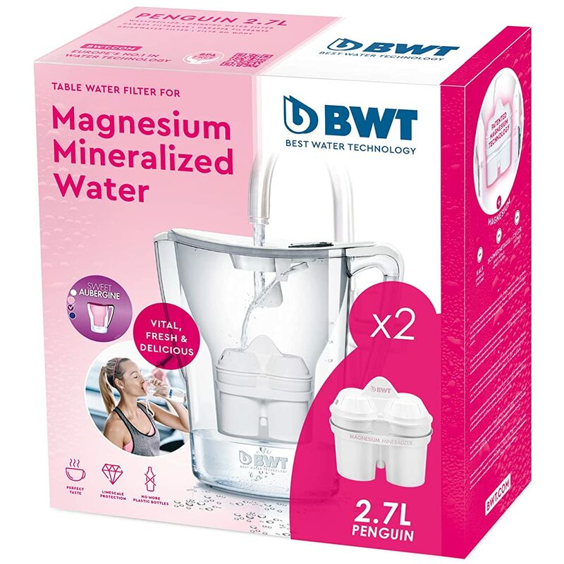 BWT - Jarra Filtradora de Agua Penguin Blanca con marcador electrónico + 2 Filtros con Magnesio para 2 meses duración