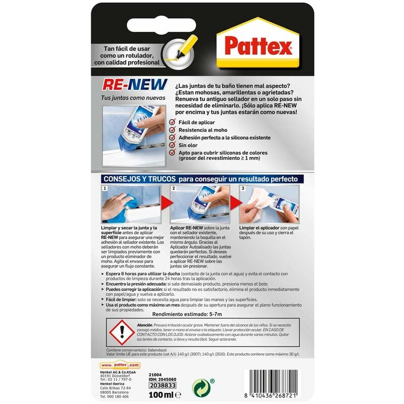 Pattex - Silicona Baño Sano Re-New. Masilla para Juntas del baño, antimoho  y resistente al agua. Lechada - Pack de 6 unidades