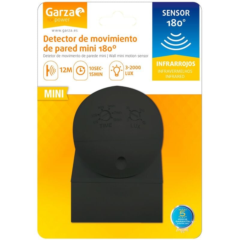 Garza Power - Detector de Movimiento Infrarrojos Mini de Pared, uso Exterior, ángulo de Detección 180º, Negro