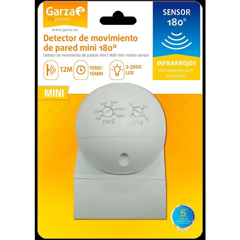 Garza Power - Detector de Movimiento Infrarrojos de Pared Mini, Especial para Exterior, Ángulo de Detección 180º, Blanco