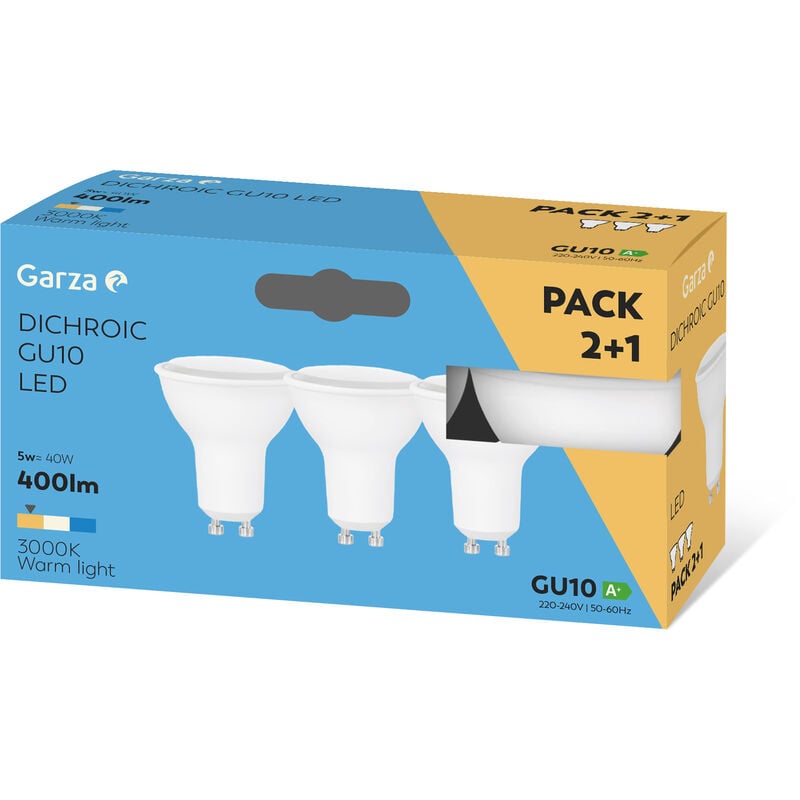 Bombilla LED GU10, 5W, 110º, 400 lumenes, Luz cálida, Pack 3