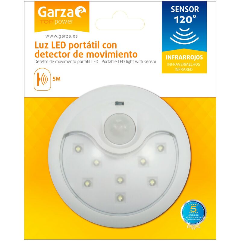 Garza Power - Detector de Movimiento Infrarrojos con Luz LED Quitamiedos, Portátil, ángulo de detección 120º, Blanco