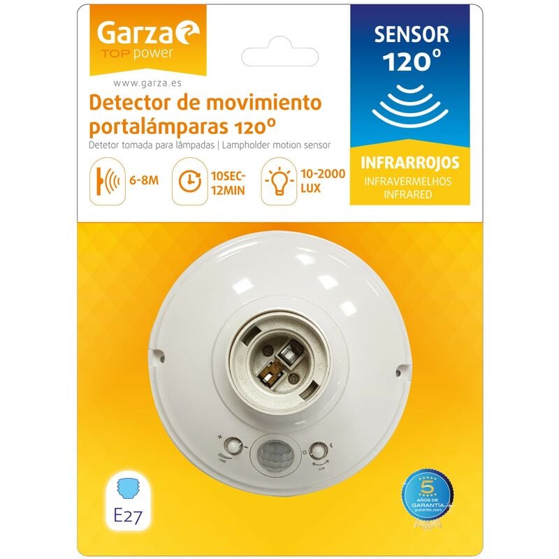 Garza Power - Detector de Movimiento Infrarrojos con Portalámparas, Casquillo E27, Ángulo de Detección 120º, color Blanco