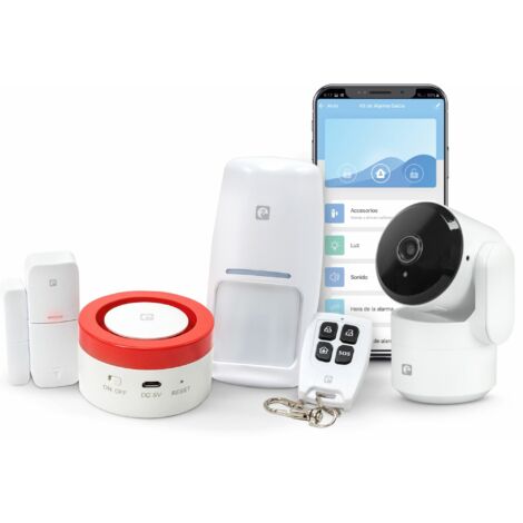 Kit Sistema de Alarma y Seguridad Inteligente Wifi 2,4 GHz con Cámara 1080p 360º para el hogar, Sirena 120 dB, Sensores de Movimiento y Apertura de Puertas/Ventanas, Control por voz/app.