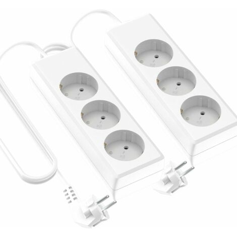 Pack 2 Regletas alargador de 3 enchufes Schuko, 1,4 Metros de Longitud de Cable y protección Infantil. Máximo de 250V, Color Blanco.