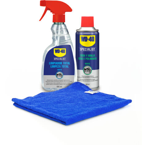 WD40 LOTE MOTO Cera y brillo + limpiador total Moto + paño