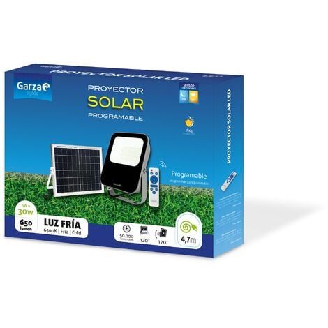 Garza- Proyector solar de 30W con mando a distancia, programable y regulable. Luz fría