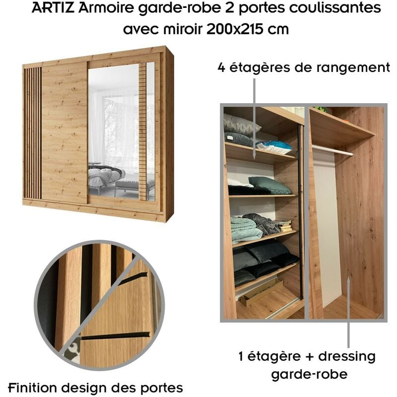 ARTIZ Armoire garde-robe 2 portes coulissantes avec miroir 200x215 cm 2