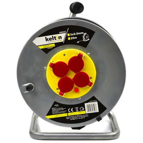 Monmobilierdesign – Enrouleur électrique 4 prises 16 A – Câble H05VV-F 3G 2,5 mm² – Longueur 25 m – Protection IP20 – Puissance 2500 W déroulé
