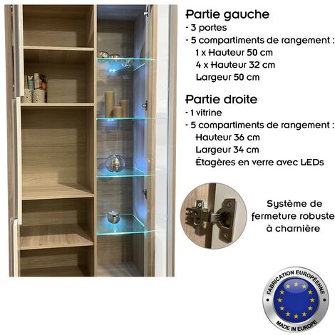Armoire Vitrine ROMA 3 Portes Avec éclairage LED – 90x194 Cm, Rangement + Vitrine, Style Design Moderne
