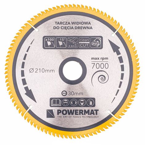 Lame de scie circulaire pour bois en carbure 210 mm – 100 dents – Coupe précise et nette – Compatible scies à main et à onglets – Powermat