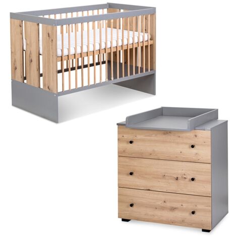 PAULINE Ensemble commode à langer + lit bébé 120x60 cm Bois / Gris