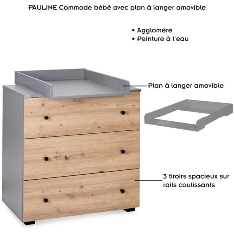 PAULINE Commode bébé avec plan à langer amovible Bois / Gris