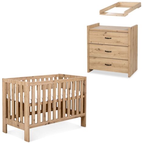 Monmobilierdesign – Ensemble bébé commode à langer et lit évolutif 120x60 – Chêne MDF – Tiroir à roulettes – Fabrication européenne