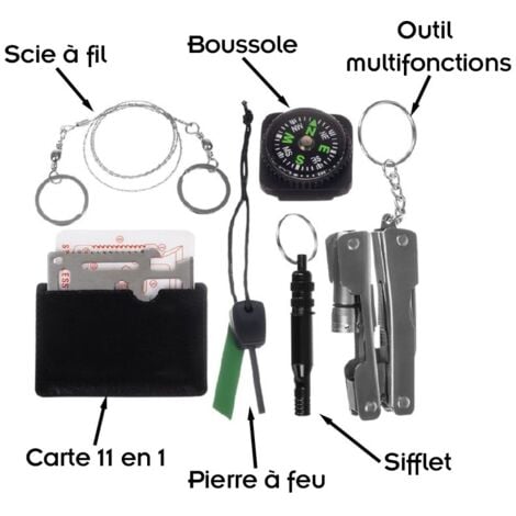Kit De Survie D'urgence Sauvage – Boîte De Survie Hermétique Avec Couvertures Thermiques, Bracelet De Survie, Sifflet, Boussole, Scie à Fil D' Acier, Outil Multifonction 11 En 1 Pour Cartes, Camping