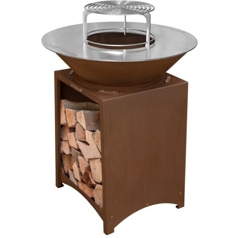 Monmobilierdesign – Brasero haut en acier corten Ø 75 cm – Plaque et grille amovible inox – Cuisson extérieure polyvalente – Résistant à la corrosion