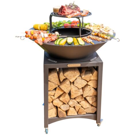 Monmobilierdesign – Brasero haut en acier avec plaque et grille amovible Ø 100 cm – 4 roulettes avec freins – Pour cuisson polyvalente extérieur