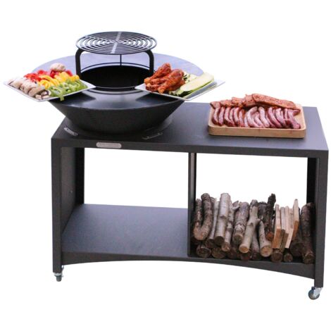 Monmobilierdesign – Brasero îlot barbecue plancha extérieur Ø 75 cm – Acier robuste – Plaque amovible – Grille 33,4 cm – 4 roulettes avec freins