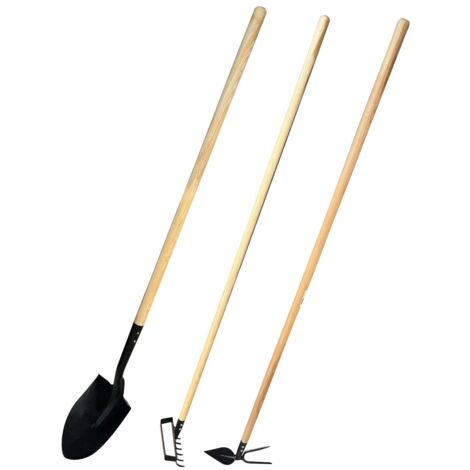 Monmobilierdesign – Lot d'outils de jardinage en bois de frêne – Pelle bêche, râteau, serfouette panne et langue – Outils légers et solides pour jardinage