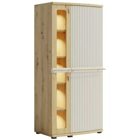 CANDY Armoire vitrée avec LED 5 étages 75x148 cm courbée à relief en bois design moderne épuré Blanc cassé